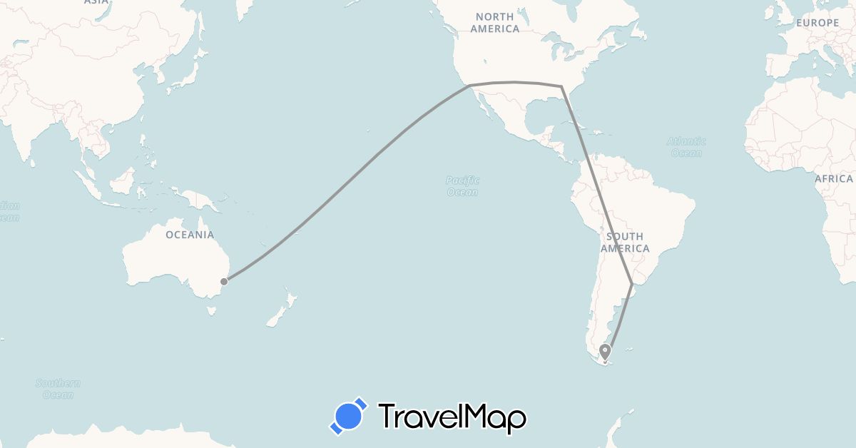 TravelMap itinerary: driving, plane in Argentina, Australia, United States (North America, Oceania, South America)